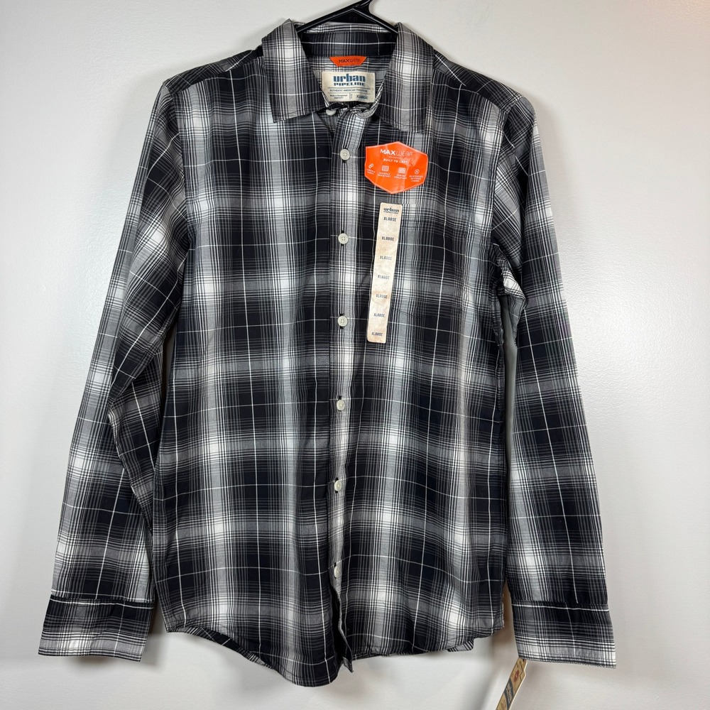 Urban Pipeline Boys XL 18/20 Maxwear Plaid Button Down Shirt NWT Black White